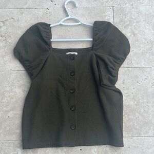 Madewell olive shirt. It has a little bit of a puffy sleeve great summer top